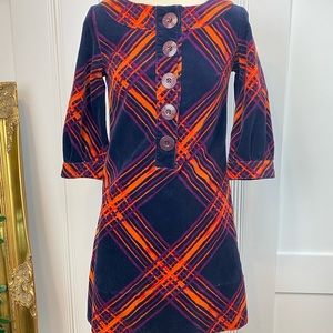 GO International Women's 3/4 Sleeve Plaid Multi Colored Corduroy Dress SZ xs